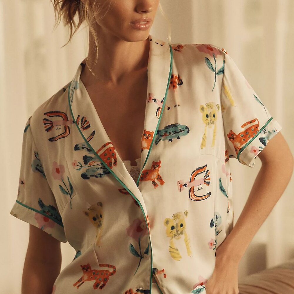 Anthropologie The LyreBird Silky Pajama Top Yumi Kimura Print MD LG  XL NWT